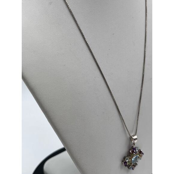 Sterling Silver Multi Color Gemstones Signed Cross Pendant Necklace Garnet Topaz - Picture 6 of 13